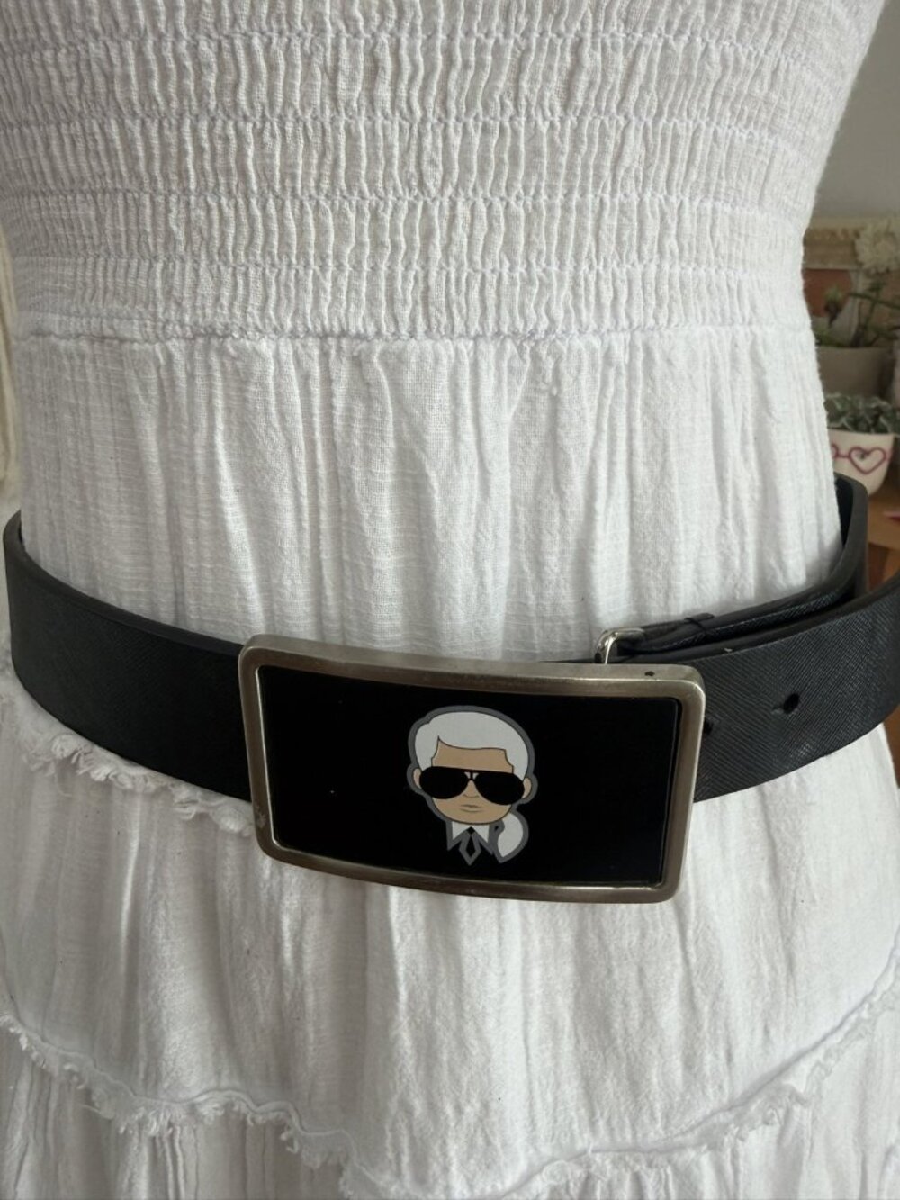 Karl Lagerfeld Black Leather Belt Karl Icon Plaque Buckle Silver Size 32